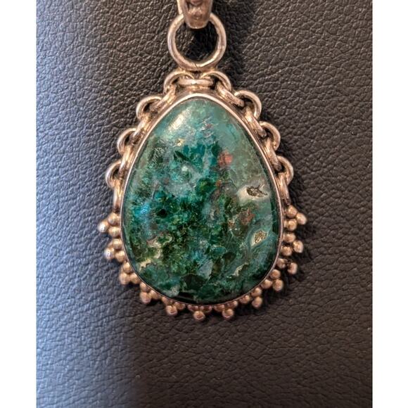 Vintage Chrysocolla 925 Sterling Silver Pendant on Bead Ball Chain Marked 925 - Picture 2 of 7